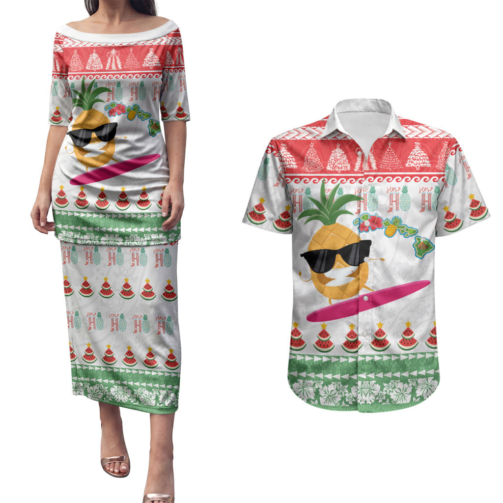 Hawaiian Mele Kalikimaka Couples Matching Puletasi and Hawaiian Shirt Funny Pineapple Surfing with Map Christmas Stripe Elements