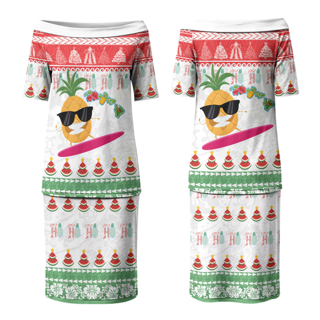 Hawaiian Mele Kalikimaka Couples Matching Puletasi and Hawaiian Shirt Funny Pineapple Surfing with Map Christmas Stripe Elements