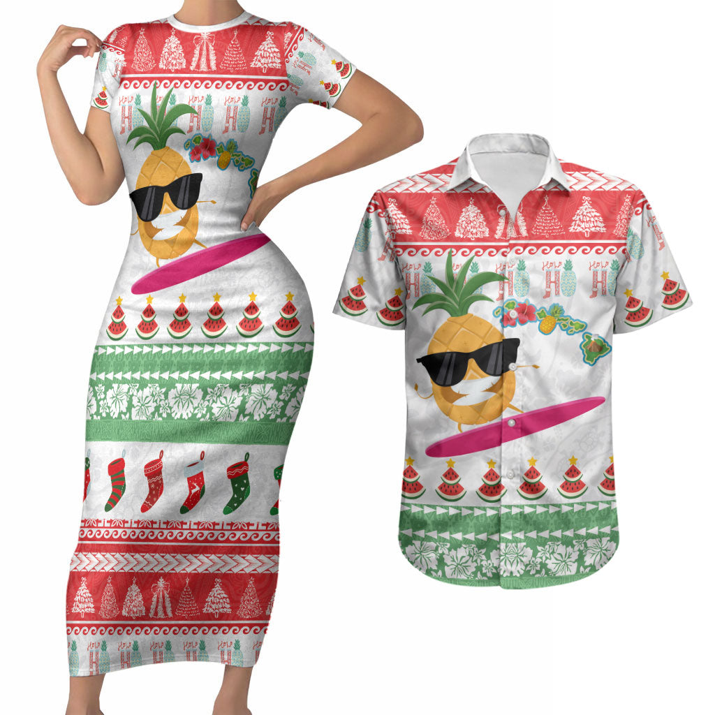 Hawaiian Mele Kalikimaka Couples Matching Short Sleeve Bodycon Dress and Hawaiian Shirt Funny Pineapple Surfing with Map Christmas Stripe Elements