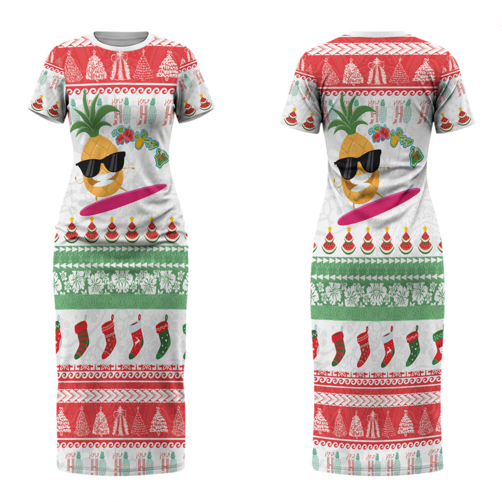 Hawaiian Mele Kalikimaka Couples Matching Short Sleeve Bodycon Dress and Hawaiian Shirt Funny Pineapple Surfing with Map Christmas Stripe Elements