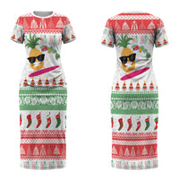 Hawaiian Mele Kalikimaka Couples Matching Short Sleeve Bodycon Dress and Hawaiian Shirt Funny Pineapple Surfing with Map Christmas Stripe Elements