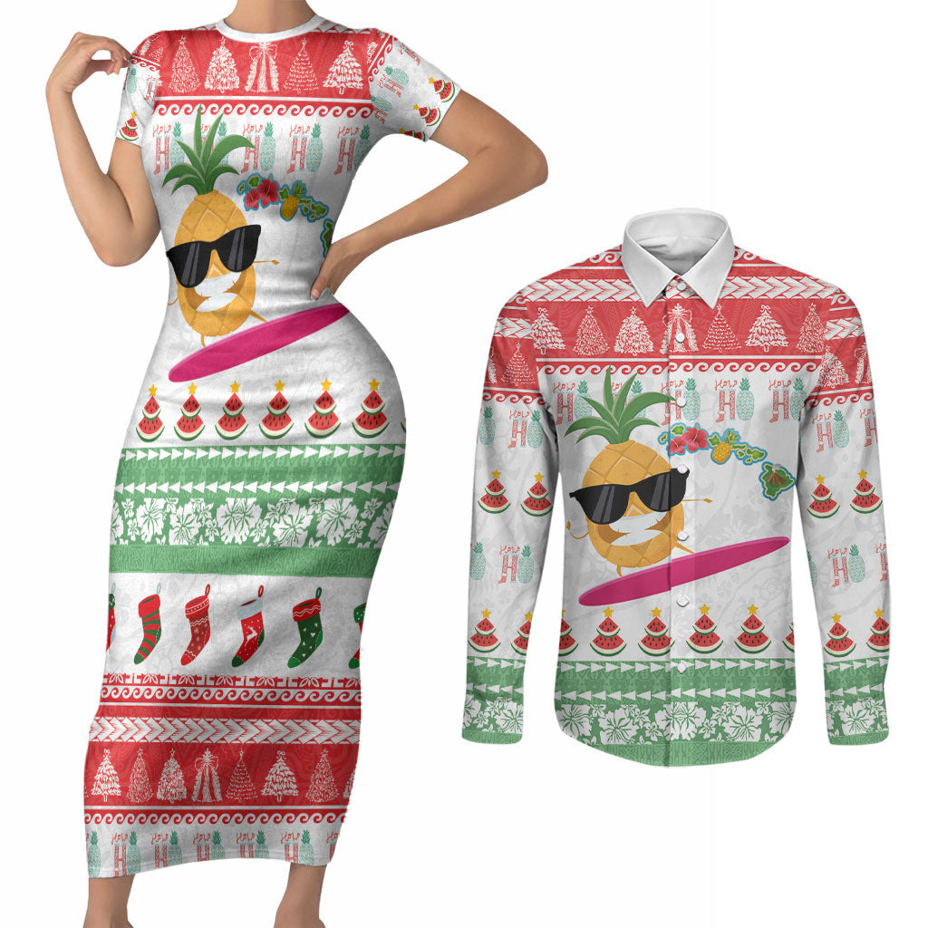 Hawaiian Mele Kalikimaka Couples Matching Short Sleeve Bodycon Dress and Long Sleeve Button Shirt Funny Pineapple Surfing with Map Christmas Stripe Elements