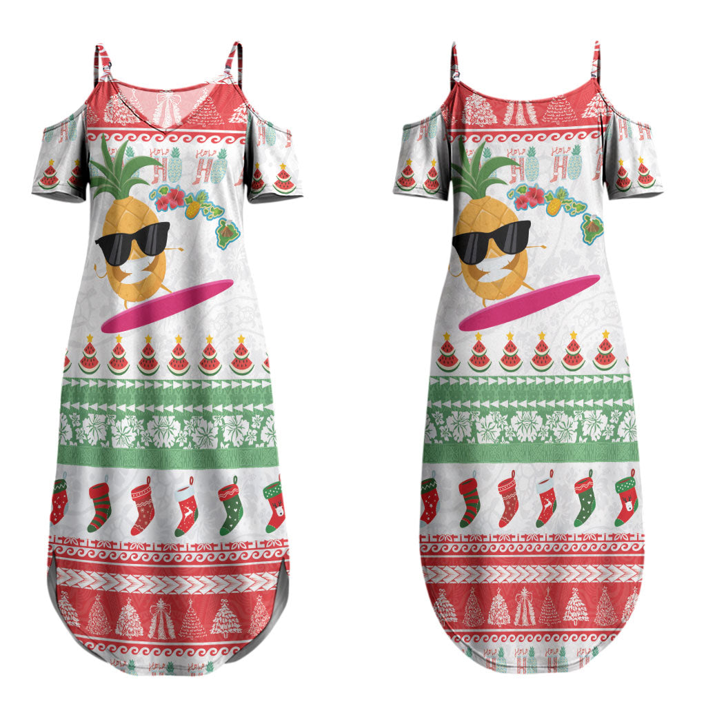 Hawaiian Mele Kalikimaka Couples Matching Summer Maxi Dress and Long Sleeve Button Shirt Funny Pineapple Surfing with Map Christmas Stripe Elements