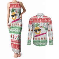 Hawaiian Mele Kalikimaka Couples Matching Tank Maxi Dress and Long Sleeve Button Shirt Funny Pineapple Surfing with Map Christmas Stripe Elements