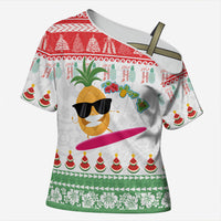 Hawaiian Mele Kalikimaka Cross Shoulder Shirt Funny Pineapple Surfing with Map Christmas Stripe Elements