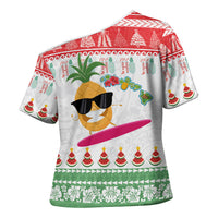 Hawaiian Mele Kalikimaka Cross Shoulder Shirt Funny Pineapple Surfing with Map Christmas Stripe Elements