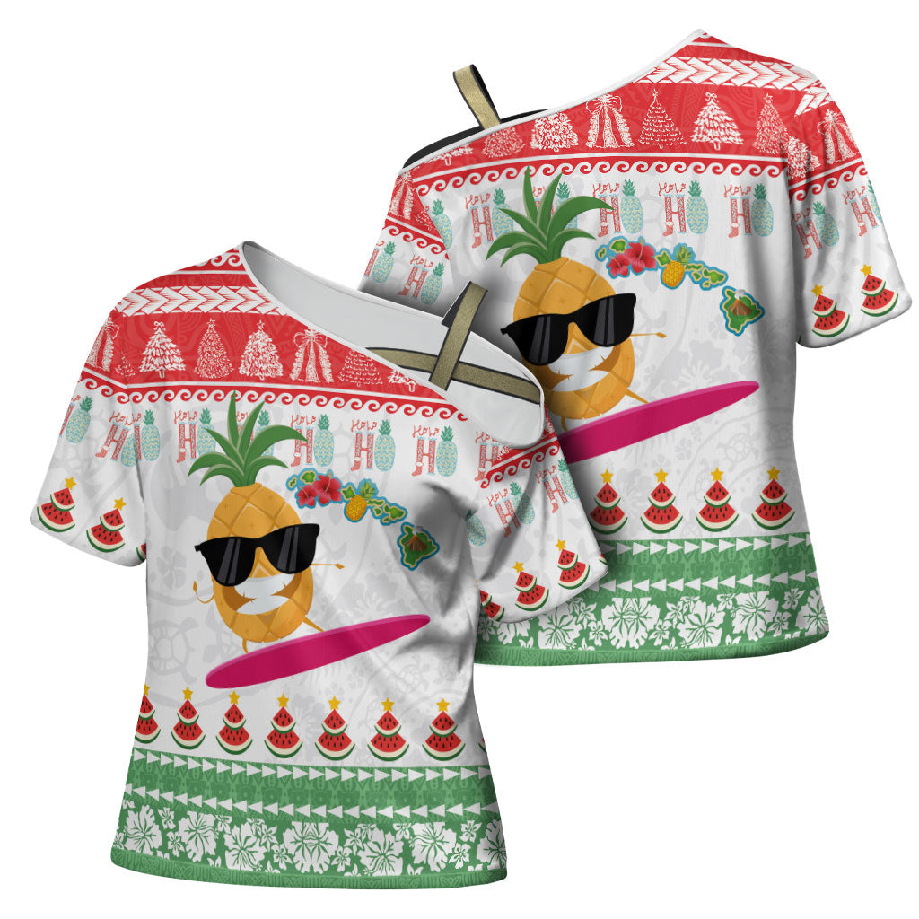 Hawaiian Mele Kalikimaka Cross Shoulder Shirt Funny Pineapple Surfing with Map Christmas Stripe Elements