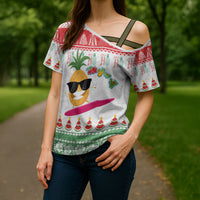 Hawaiian Mele Kalikimaka Cross Shoulder Shirt Funny Pineapple Surfing with Map Christmas Stripe Elements