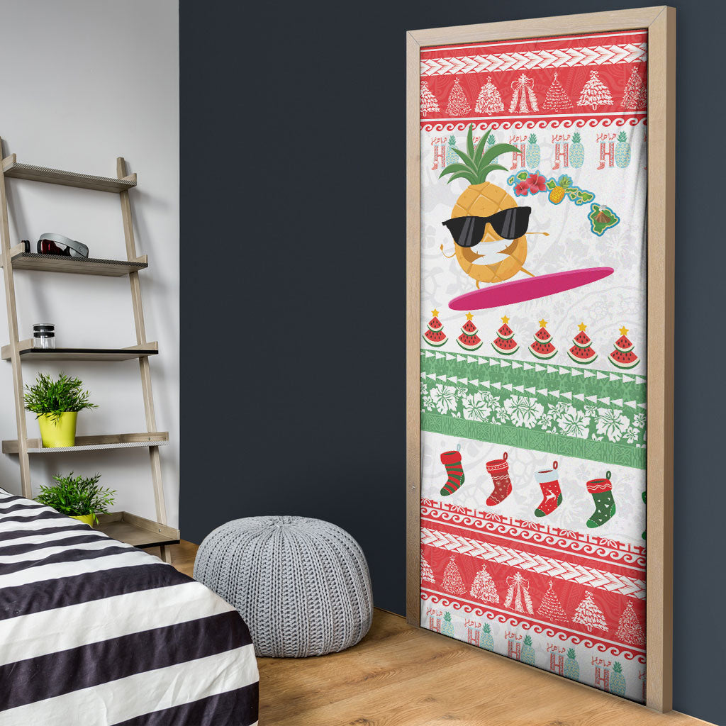 Hawaiian Mele Kalikimaka Door Cover Funny Pineapple Surfing with Map Christmas Stripe Elements