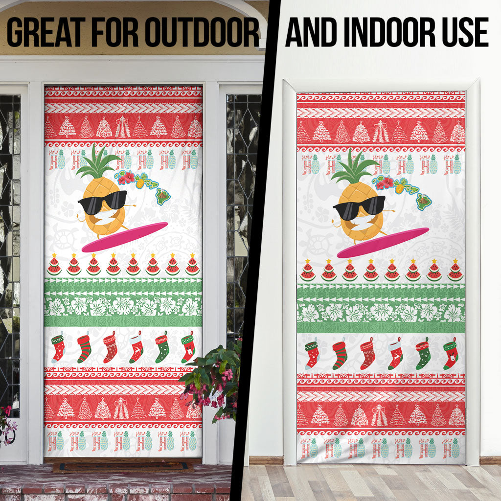Hawaiian Mele Kalikimaka Door Cover Funny Pineapple Surfing with Map Christmas Stripe Elements