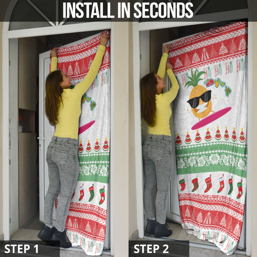 Hawaiian Mele Kalikimaka Door Cover Funny Pineapple Surfing with Map Christmas Stripe Elements