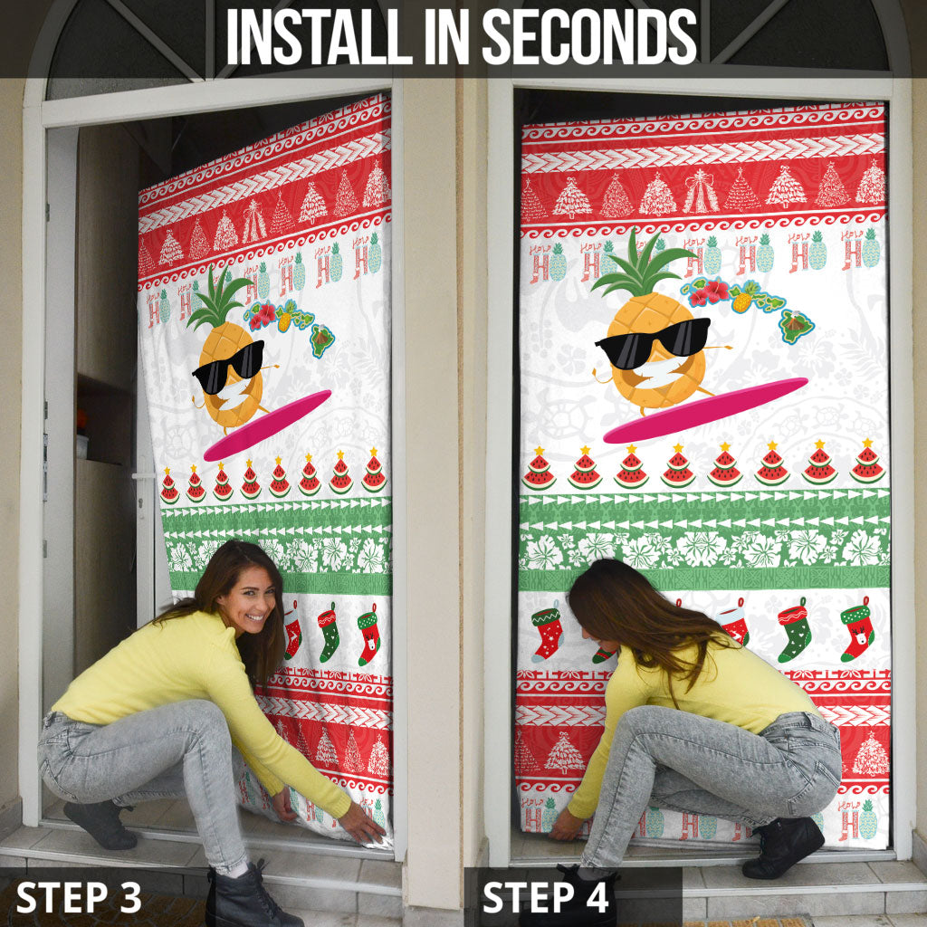 Hawaiian Mele Kalikimaka Door Cover Funny Pineapple Surfing with Map Christmas Stripe Elements