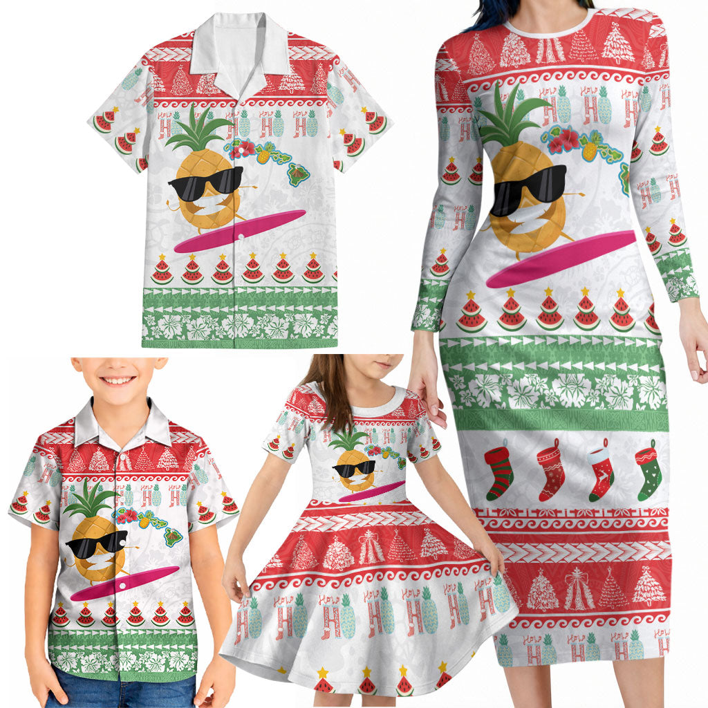 Hawaiian Mele Kalikimaka Family Matching Long Sleeve Bodycon Dress and Hawaiian Shirt Funny Pineapple Surfing with Map Christmas Stripe Elements