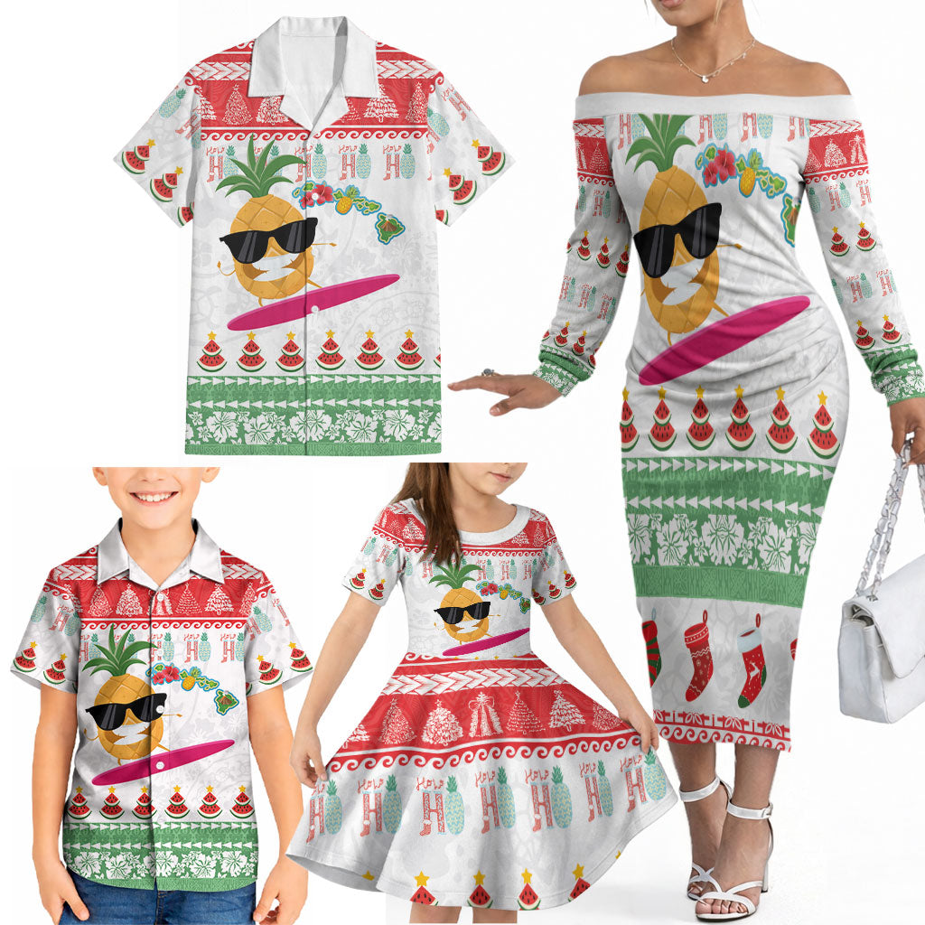 Hawaiian Mele Kalikimaka Family Matching Off The Shoulder Long Sleeve Dress and Hawaiian Shirt Funny Pineapple Surfing with Map Christmas Stripe Elements