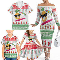 Hawaiian Mele Kalikimaka Family Matching Off The Shoulder Long Sleeve Dress and Hawaiian Shirt Funny Pineapple Surfing with Map Christmas Stripe Elements