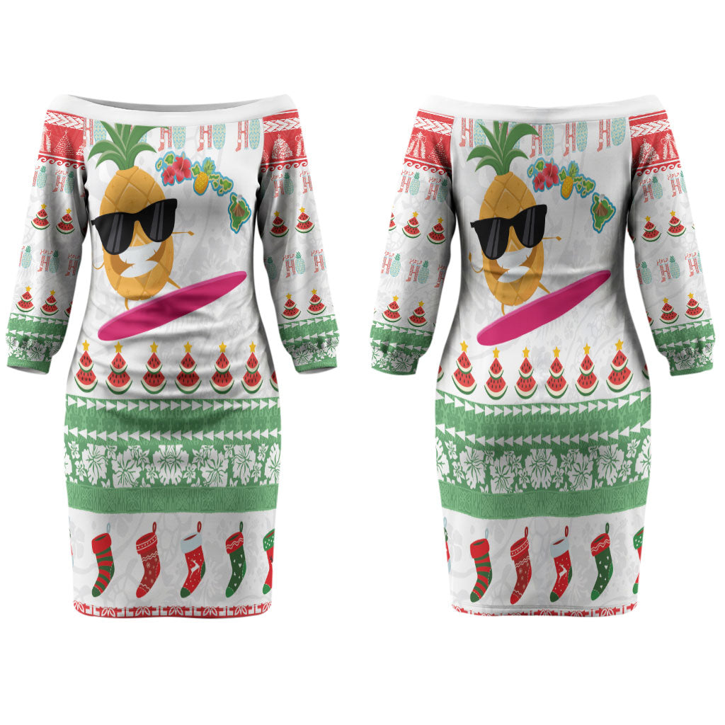Hawaiian Mele Kalikimaka Family Matching Off The Shoulder Long Sleeve Dress and Hawaiian Shirt Funny Pineapple Surfing with Map Christmas Stripe Elements