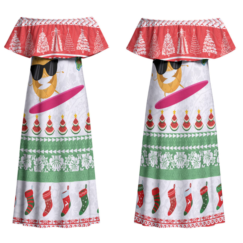 Hawaiian Mele Kalikimaka Family Matching Off Shoulder Maxi Dress and Hawaiian Shirt Funny Pineapple Surfing with Map Christmas Stripe Elements