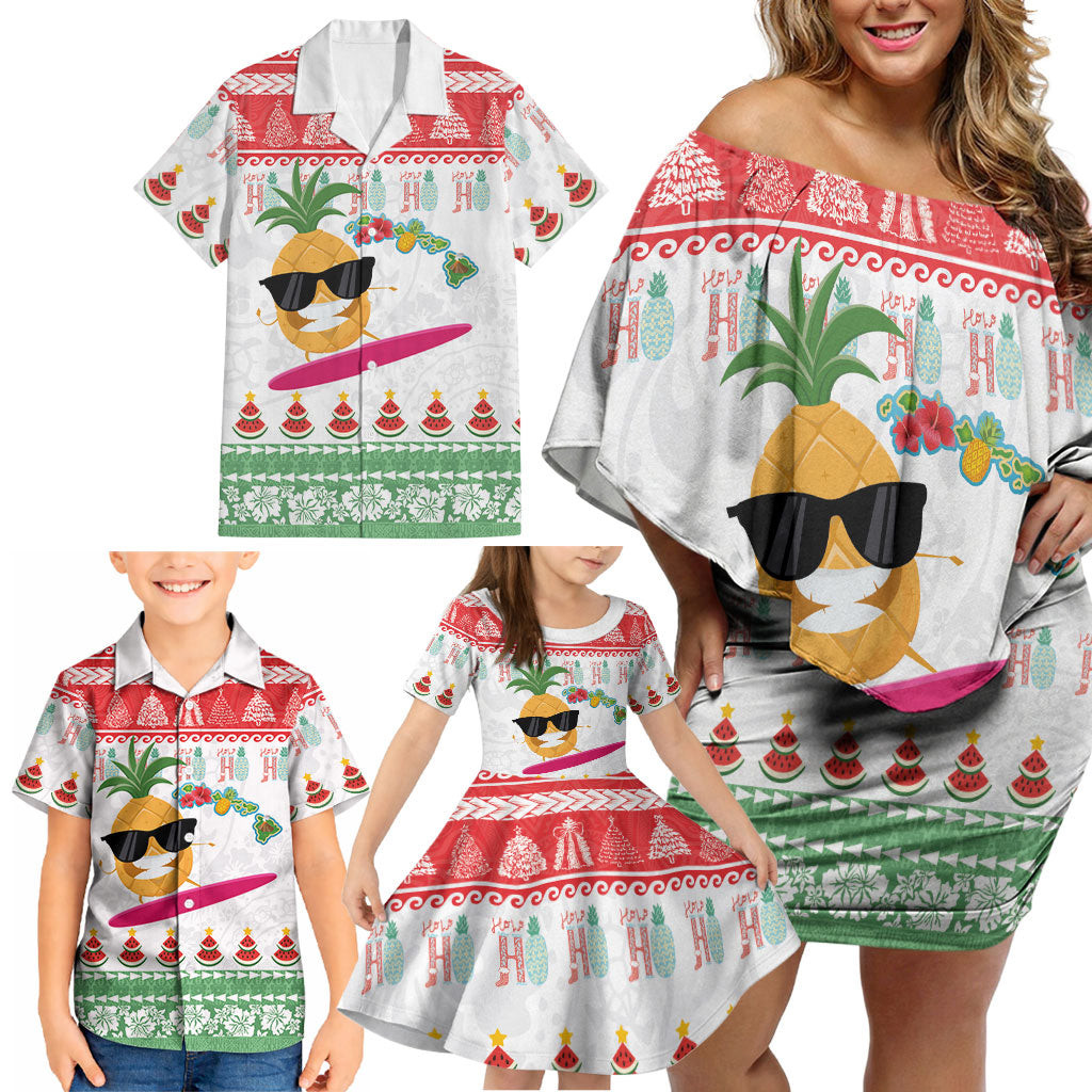 Hawaiian Mele Kalikimaka Family Matching Off Shoulder Short Dress and Hawaiian Shirt Funny Pineapple Surfing with Map Christmas Stripe Elements