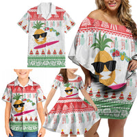 Hawaiian Mele Kalikimaka Family Matching Off Shoulder Short Dress and Hawaiian Shirt Funny Pineapple Surfing with Map Christmas Stripe Elements
