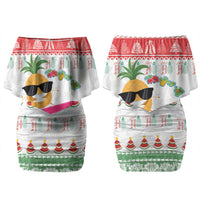 Hawaiian Mele Kalikimaka Family Matching Off Shoulder Short Dress and Hawaiian Shirt Funny Pineapple Surfing with Map Christmas Stripe Elements