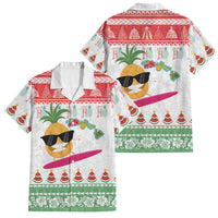 Hawaiian Mele Kalikimaka Family Matching Off Shoulder Short Dress and Hawaiian Shirt Funny Pineapple Surfing with Map Christmas Stripe Elements