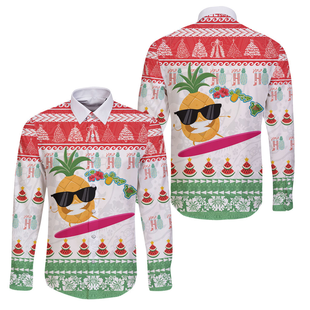 Hawaiian Mele Kalikimaka Family Matching Off Shoulder Short Dress and Hawaiian Shirt Funny Pineapple Surfing with Map Christmas Stripe Elements