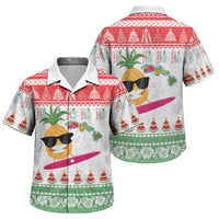 Hawaiian Mele Kalikimaka Family Matching Off Shoulder Short Dress and Hawaiian Shirt Funny Pineapple Surfing with Map Christmas Stripe Elements