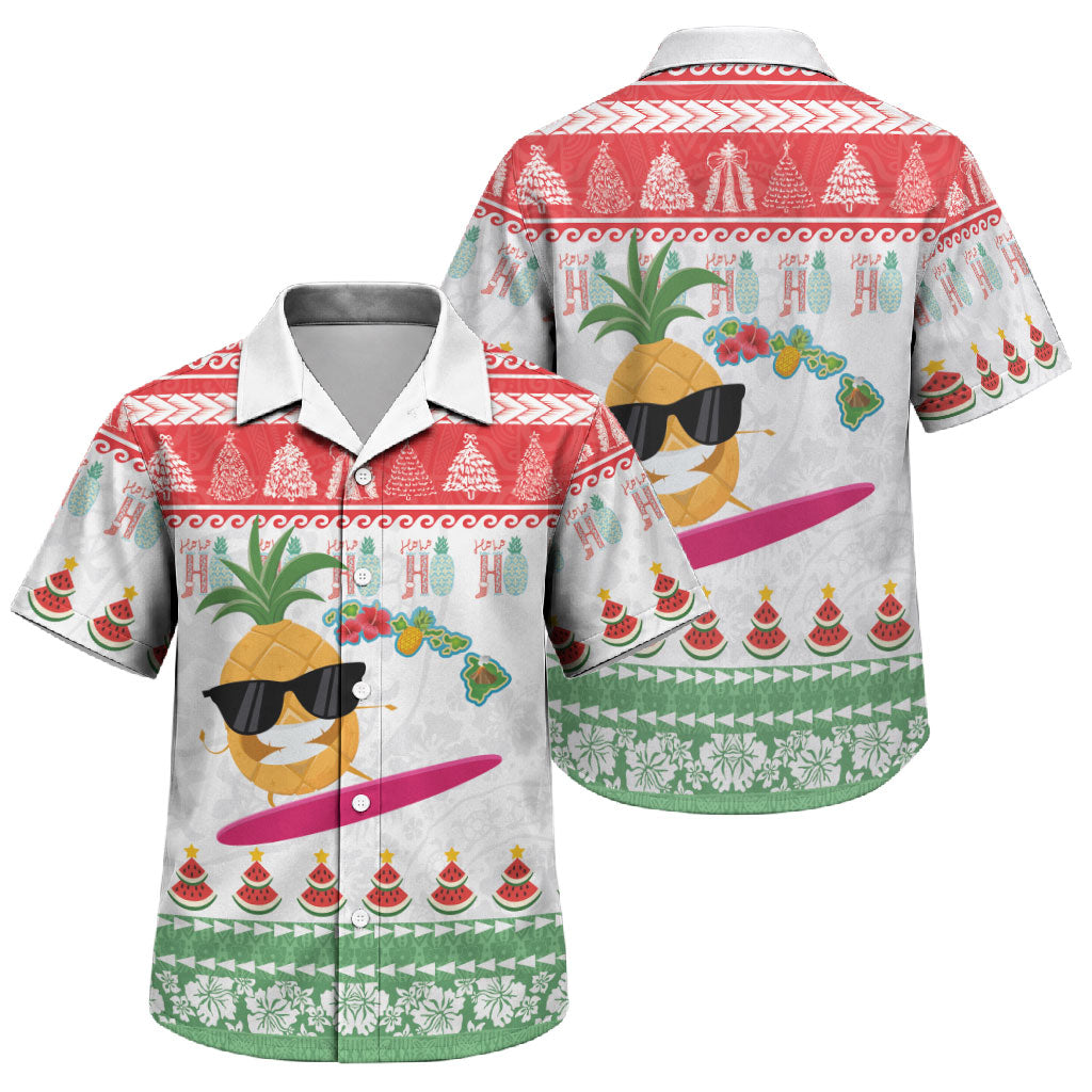 Hawaiian Mele Kalikimaka Family Matching Puletasi and Hawaiian Shirt Funny Pineapple Surfing with Map Christmas Stripe Elements