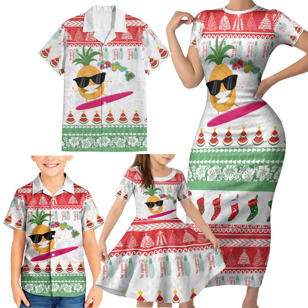 Hawaiian Mele Kalikimaka Family Matching Short Sleeve Bodycon Dress and Hawaiian Shirt Funny Pineapple Surfing with Map Christmas Stripe Elements