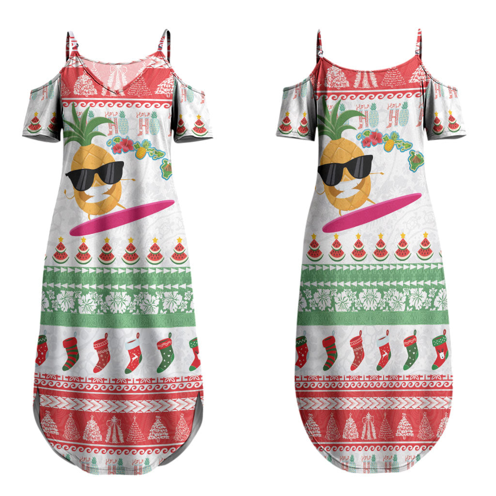 Hawaiian Mele Kalikimaka Family Matching Summer Maxi Dress and Hawaiian Shirt Funny Pineapple Surfing with Map Christmas Stripe Elements
