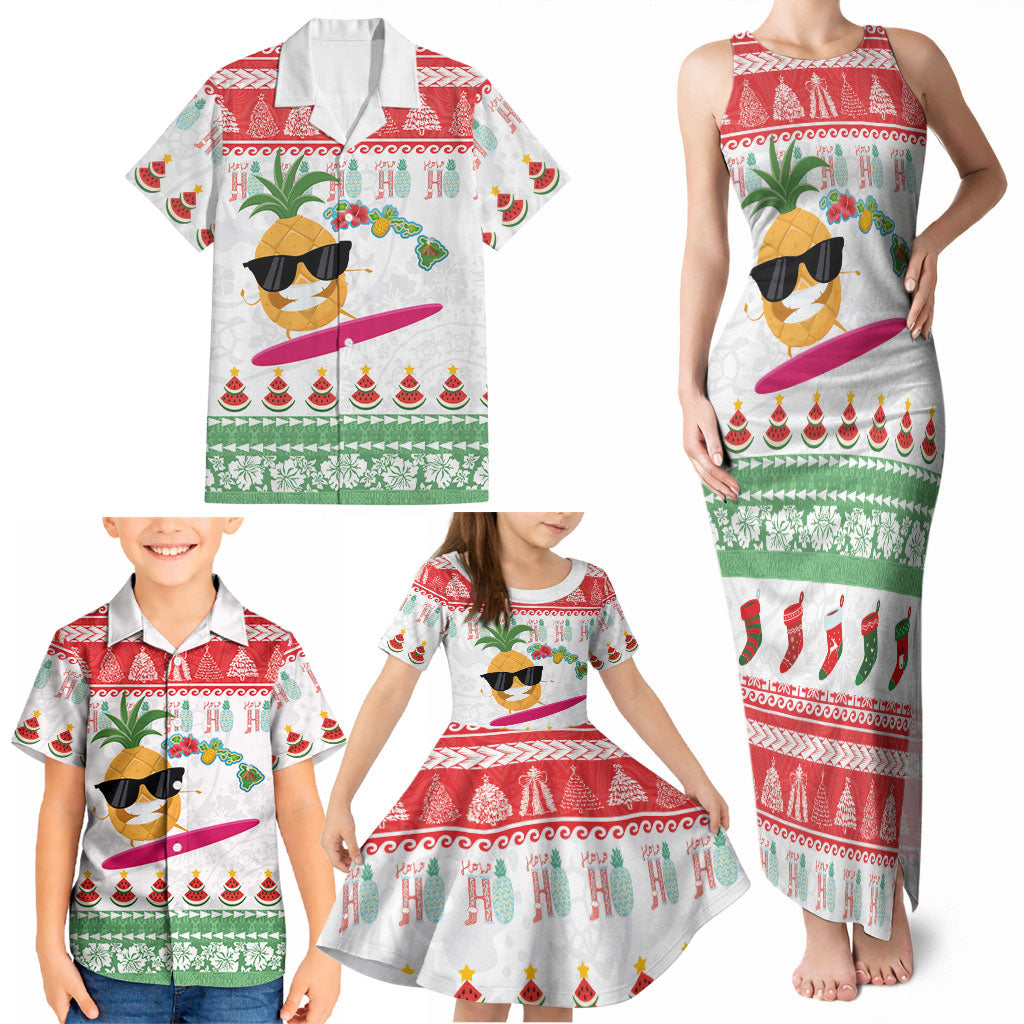 Hawaiian Mele Kalikimaka Family Matching Tank Maxi Dress and Hawaiian Shirt Funny Pineapple Surfing with Map Christmas Stripe Elements