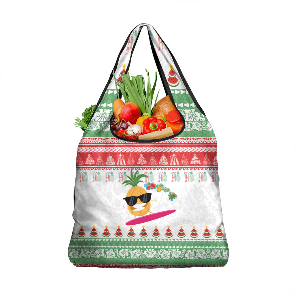 Hawaiian Mele Kalikimaka Grocery Bag Funny Pineapple Surfing with Map Christmas Stripe Elements