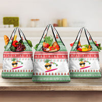 Hawaiian Mele Kalikimaka Grocery Bag Funny Pineapple Surfing with Map Christmas Stripe Elements