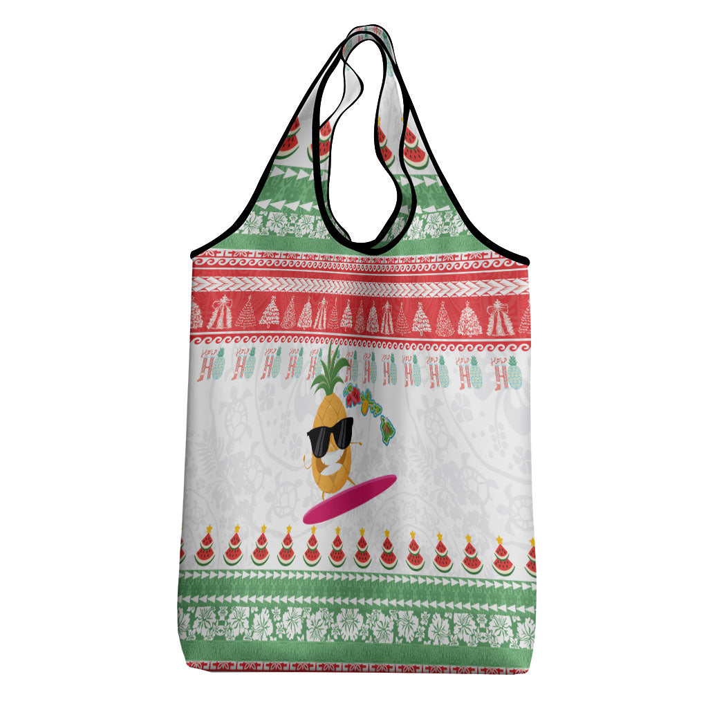 Hawaiian Mele Kalikimaka Grocery Bag Funny Pineapple Surfing with Map Christmas Stripe Elements