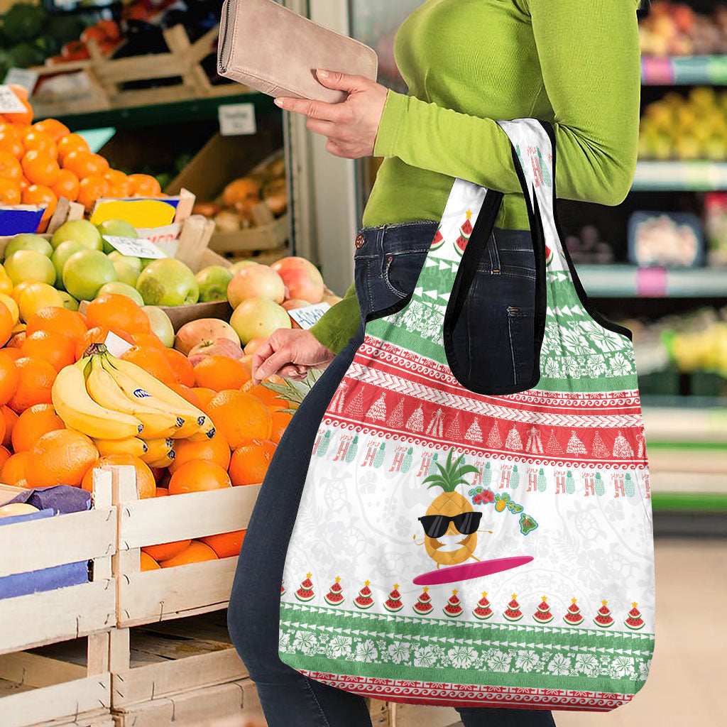 Hawaiian Mele Kalikimaka Grocery Bag Funny Pineapple Surfing with Map Christmas Stripe Elements