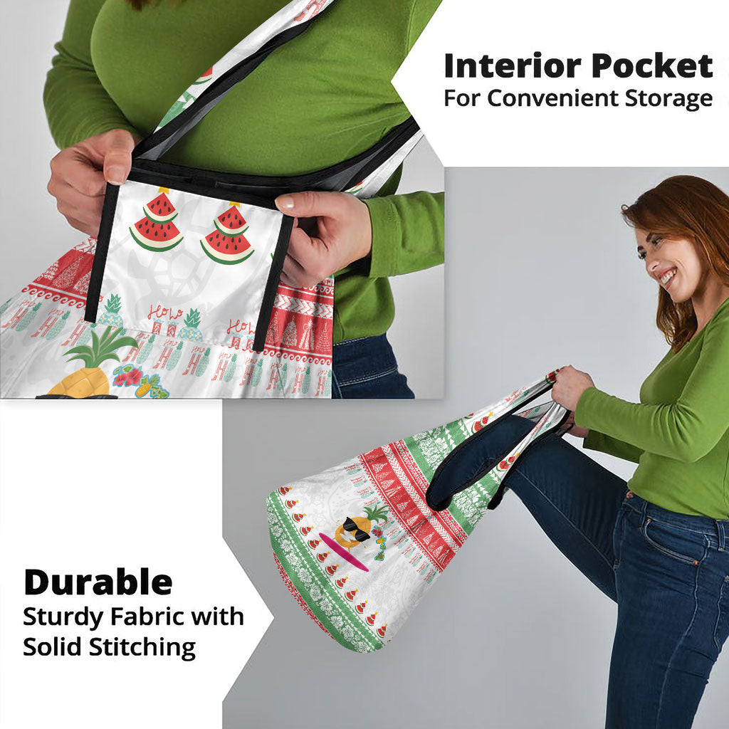 Hawaiian Mele Kalikimaka Grocery Bag Funny Pineapple Surfing with Map Christmas Stripe Elements