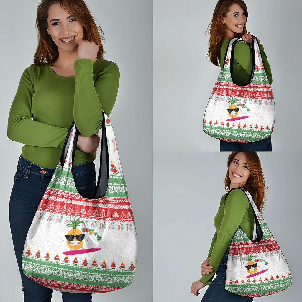 Hawaiian Mele Kalikimaka Grocery Bag Funny Pineapple Surfing with Map Christmas Stripe Elements