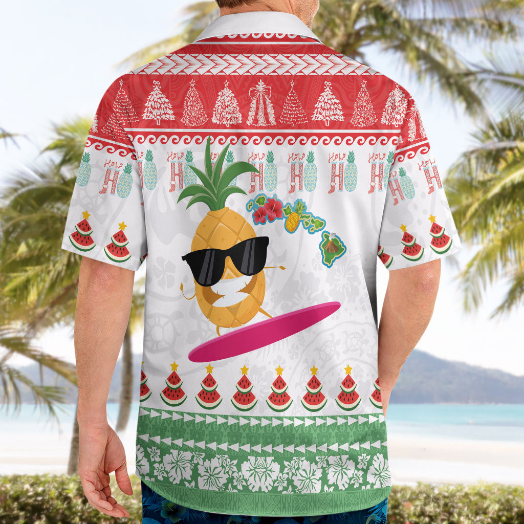 Hawaiian Mele Kalikimaka Hawaiian Shirt Funny Pineapple Surfing with Map Christmas Stripe Elements