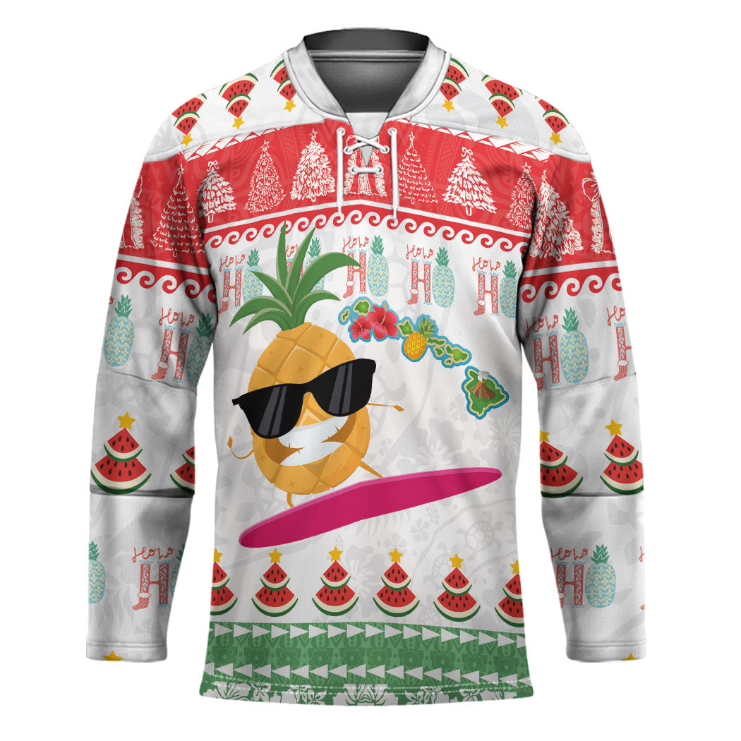 Hawaiian Mele Kalikimaka Hockey Jersey Funny Pineapple Surfing with Map Christmas Stripe Elements