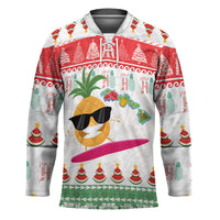 Hawaiian Mele Kalikimaka Hockey Jersey Funny Pineapple Surfing with Map Christmas Stripe Elements