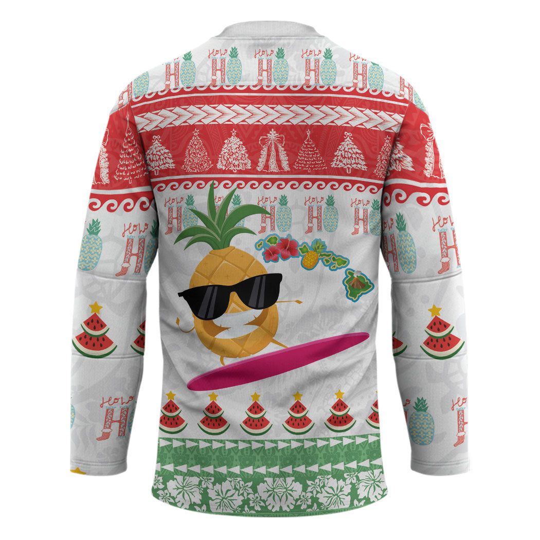 Hawaiian Mele Kalikimaka Hockey Jersey Funny Pineapple Surfing with Map Christmas Stripe Elements