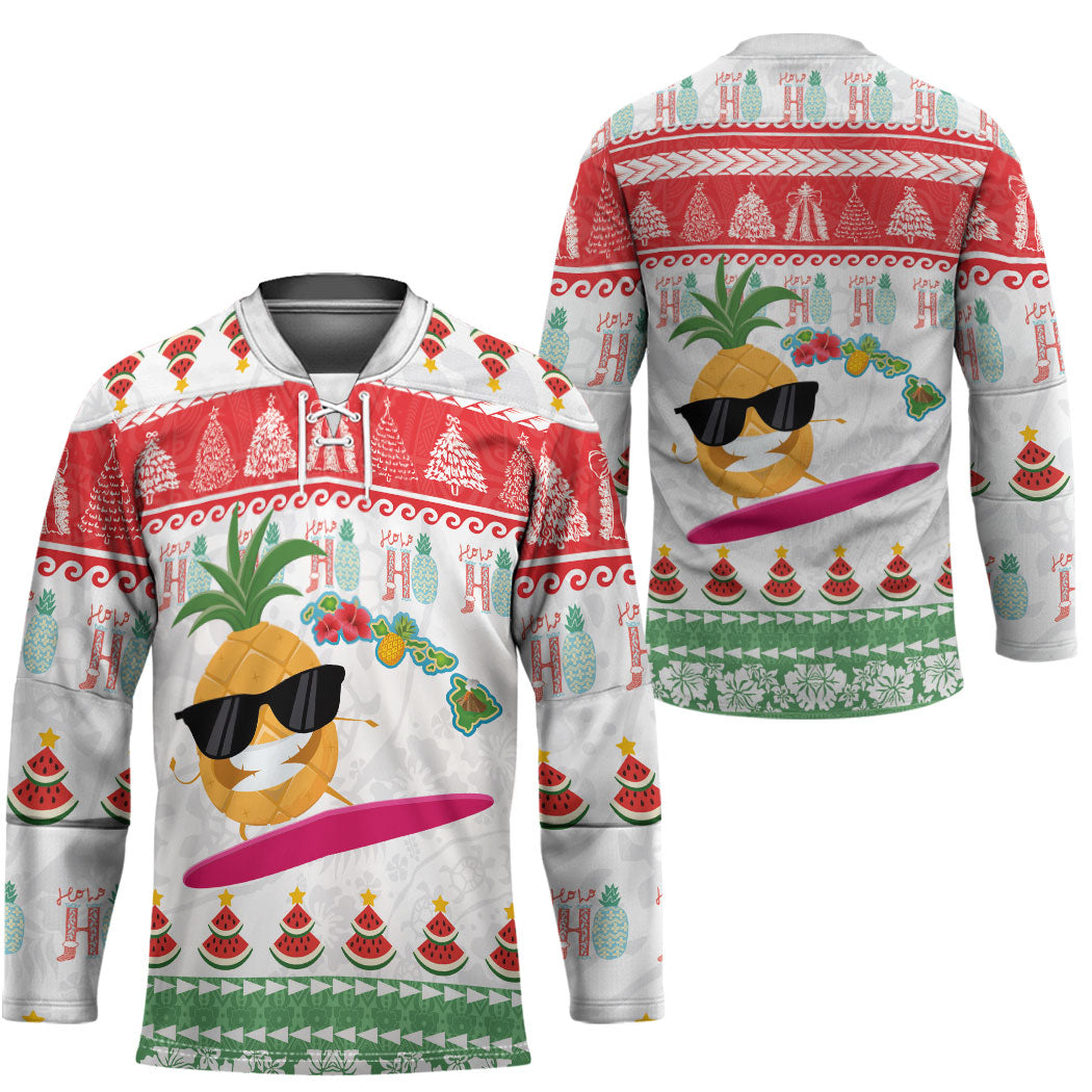 Hawaiian Mele Kalikimaka Hockey Jersey Funny Pineapple Surfing with Map Christmas Stripe Elements