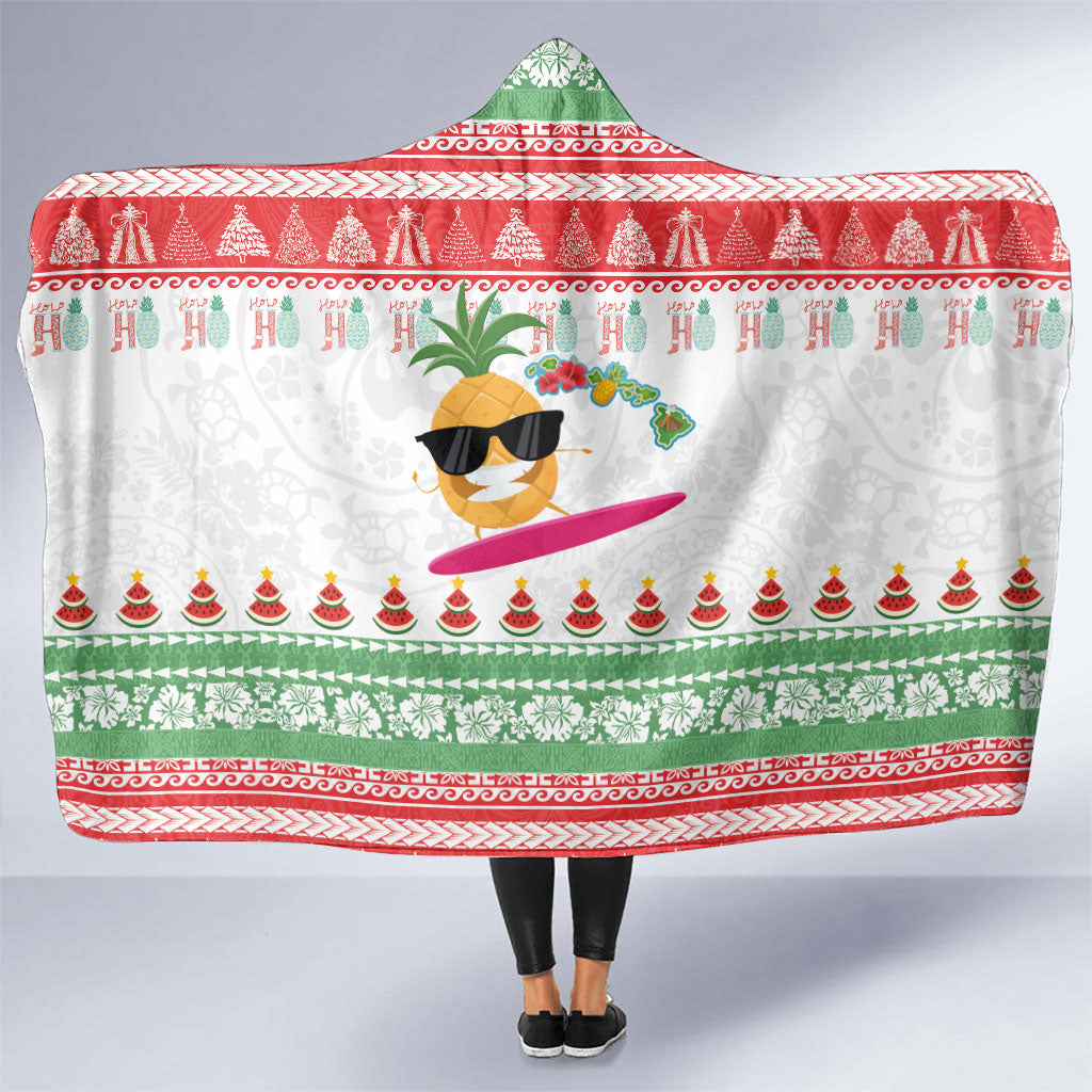 Hawaiian Mele Kalikimaka Hooded Blanket Funny Pineapple Surfing with Map Christmas Stripe Elements