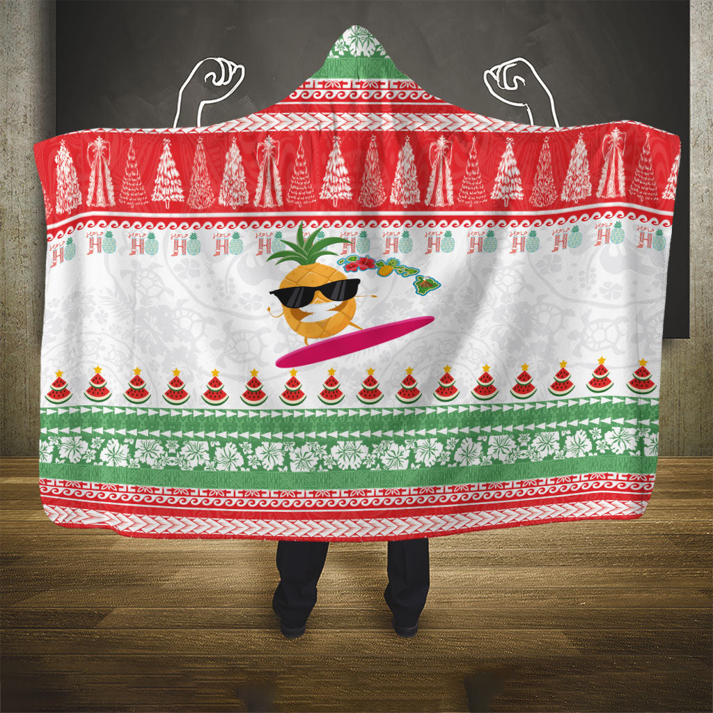 Hawaiian Mele Kalikimaka Hooded Blanket Funny Pineapple Surfing with Map Christmas Stripe Elements