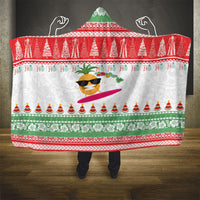 Hawaiian Mele Kalikimaka Hooded Blanket Funny Pineapple Surfing with Map Christmas Stripe Elements
