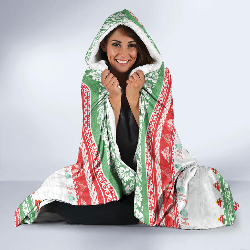 Hawaiian Mele Kalikimaka Hooded Blanket Funny Pineapple Surfing with Map Christmas Stripe Elements
