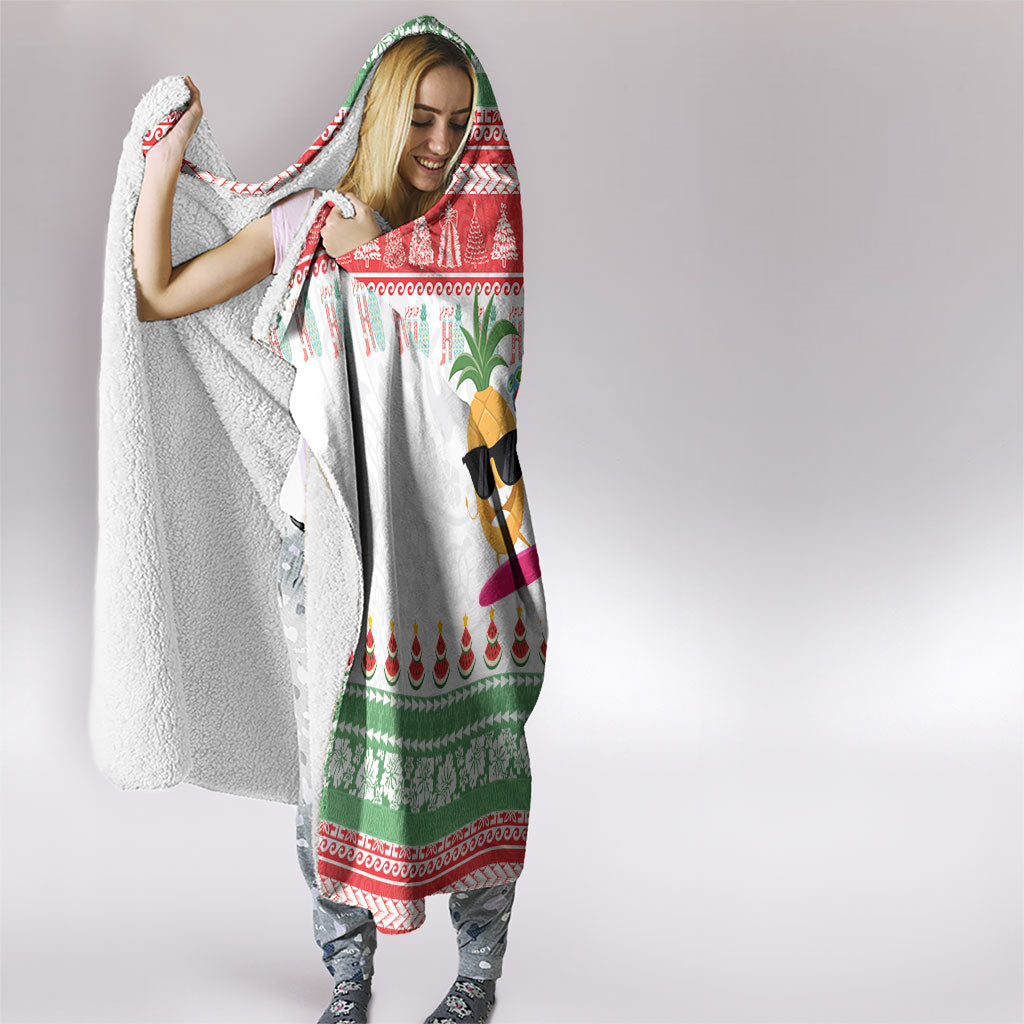 Hawaiian Mele Kalikimaka Hooded Blanket Funny Pineapple Surfing with Map Christmas Stripe Elements