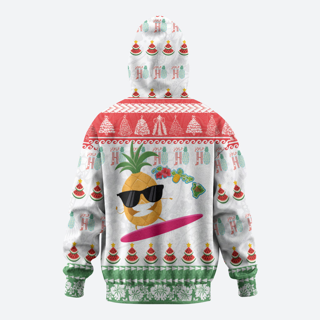 Hawaiian Mele Kalikimaka Hoodie Funny Pineapple Surfing with Map Christmas Stripe Elements