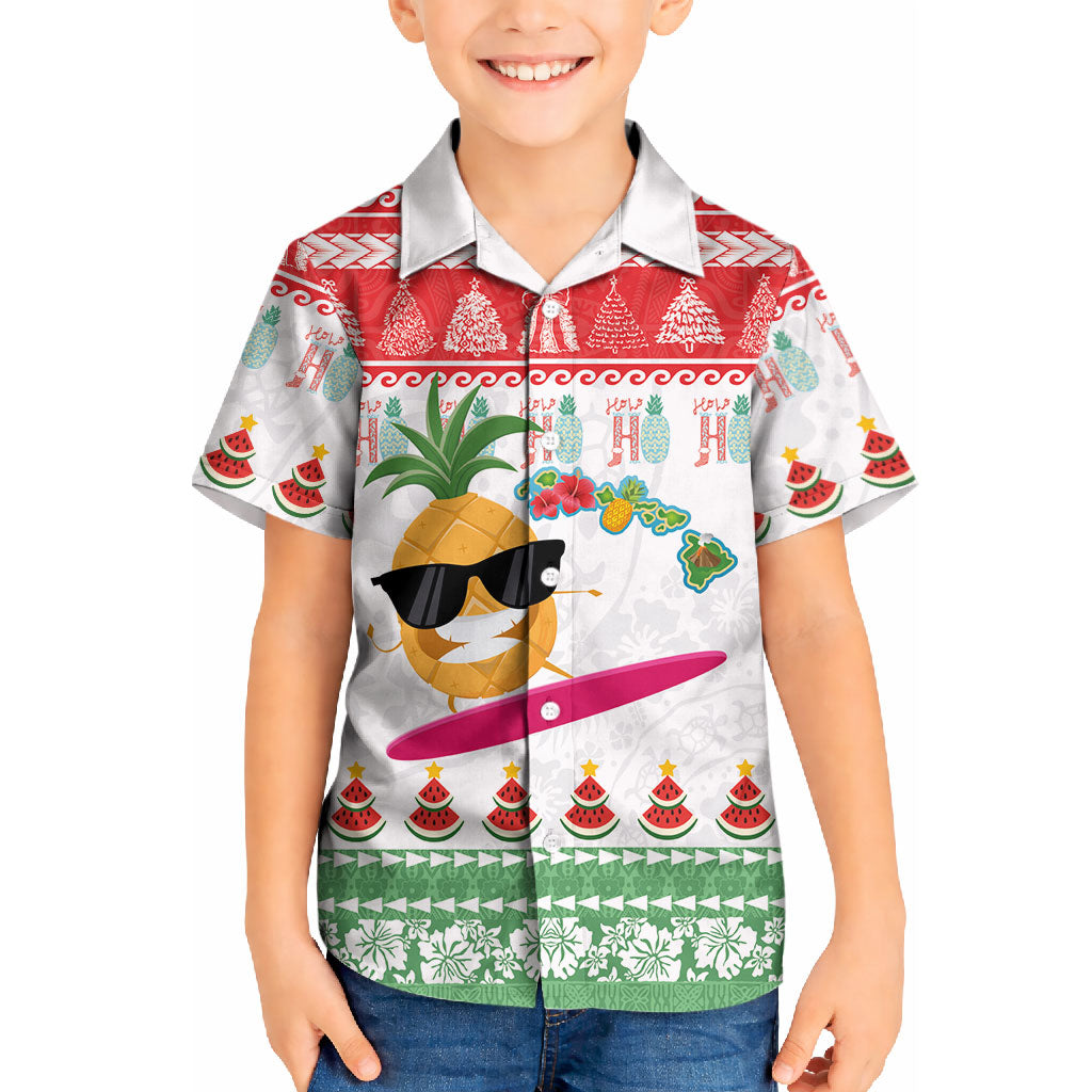 Hawaiian Mele Kalikimaka Kid Hawaiian Shirt Funny Pineapple Surfing with Map Christmas Stripe Elements