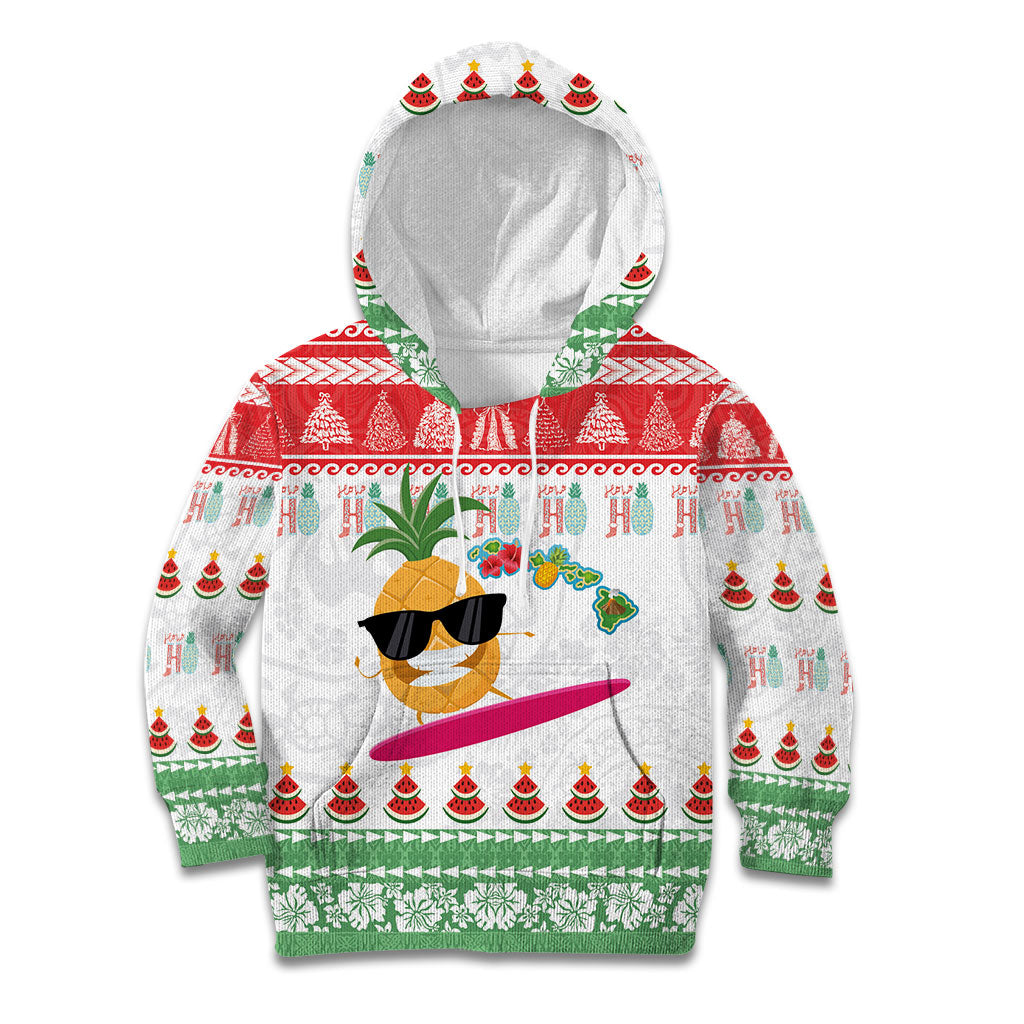 Hawaiian Mele Kalikimaka Kid Hoodie Funny Pineapple Surfing with Map Christmas Stripe Elements